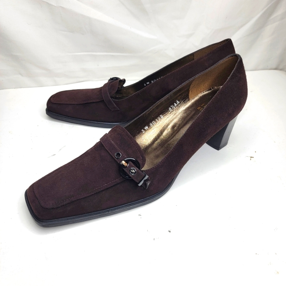 Stuart Weitzman Brown Suede Heels Shoes Front Buckle Square Toe Size 8.5AA